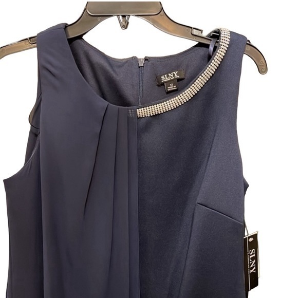 SLNY Navy Blue Rhinestone Shear Panel‎ Sleeveless Dress Size 12 - Picture 2 of 5